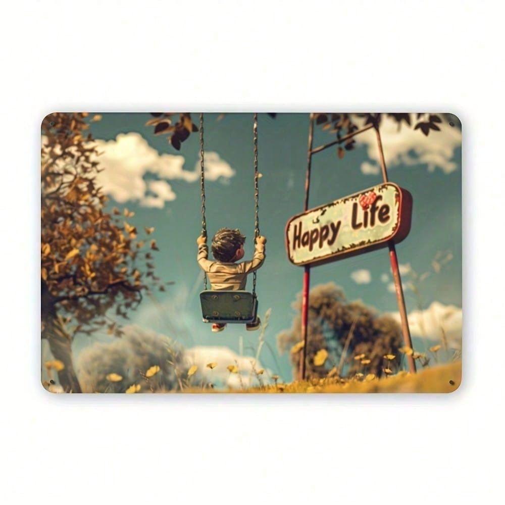 

Vintage Boy on Swing Metal Wall Poster, Living Room Decor
