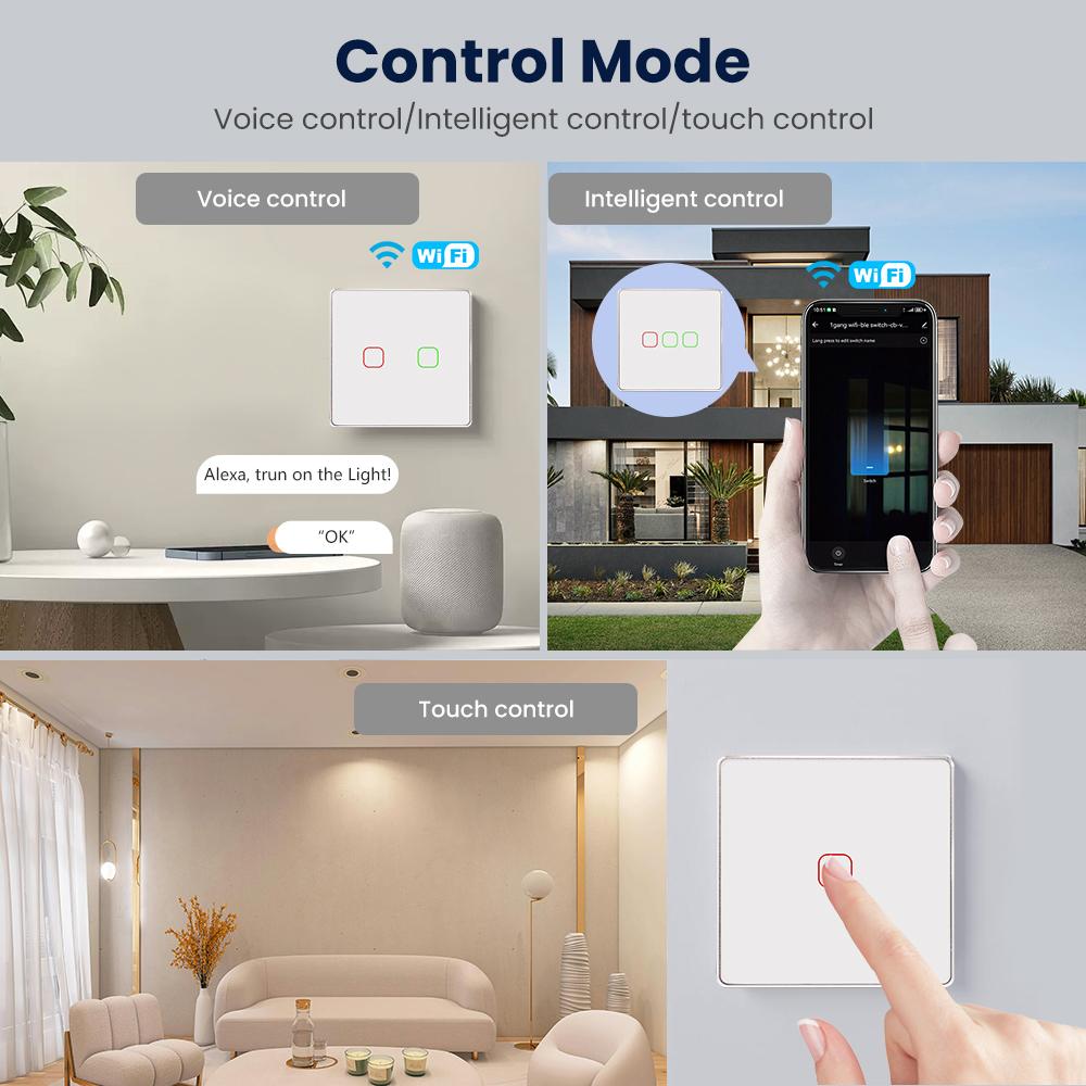 Interruttore a Parete Touch Smart Life per Casa a Singola/Doppia/Tripla/Quadrupla Uscita CE RoHS UKCA WiFi Compatibile con Alexa Vetro PC 250V