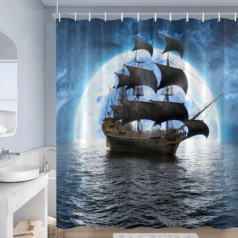 Sea Waves Sailboat Shower Curtains Night Lightning Ocean Nature Landscape Bathroom Curtain Decorative Polyester Cloth with Hooks