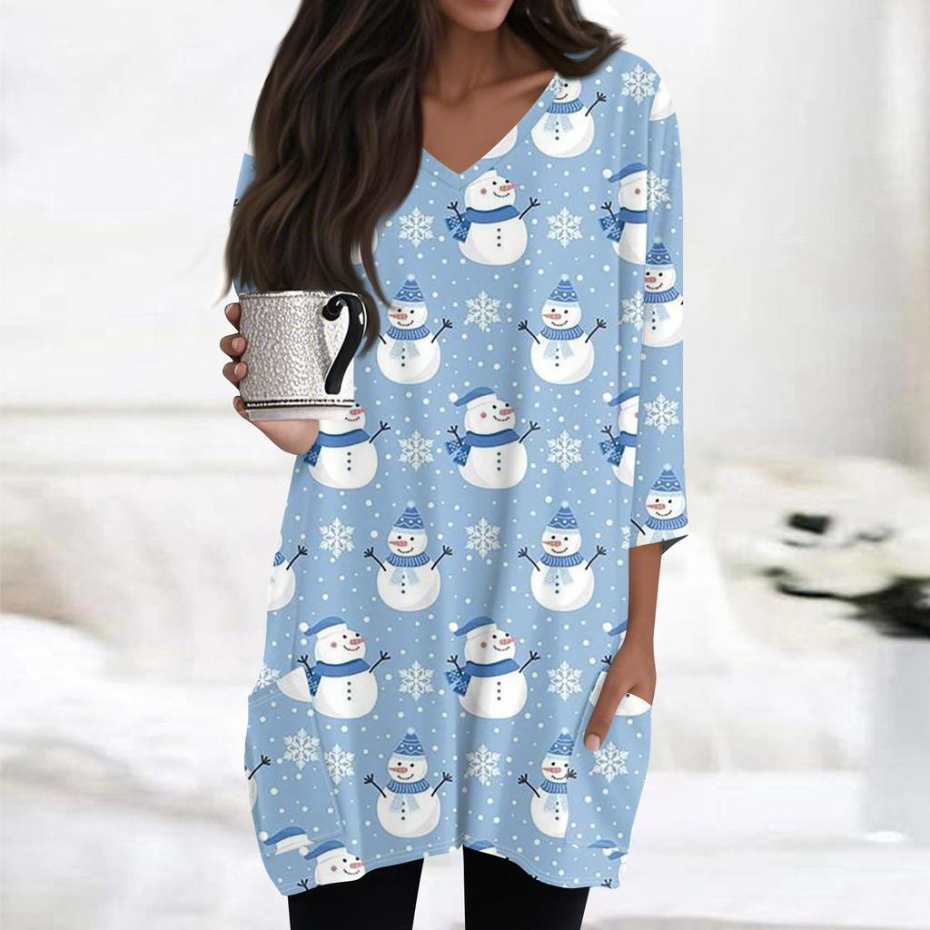 Womens Tops V-neck 3/4 Sleeve Blouses Casual Mid-length Shirts Fashion Christmas Print Tunic Tops With Pockets