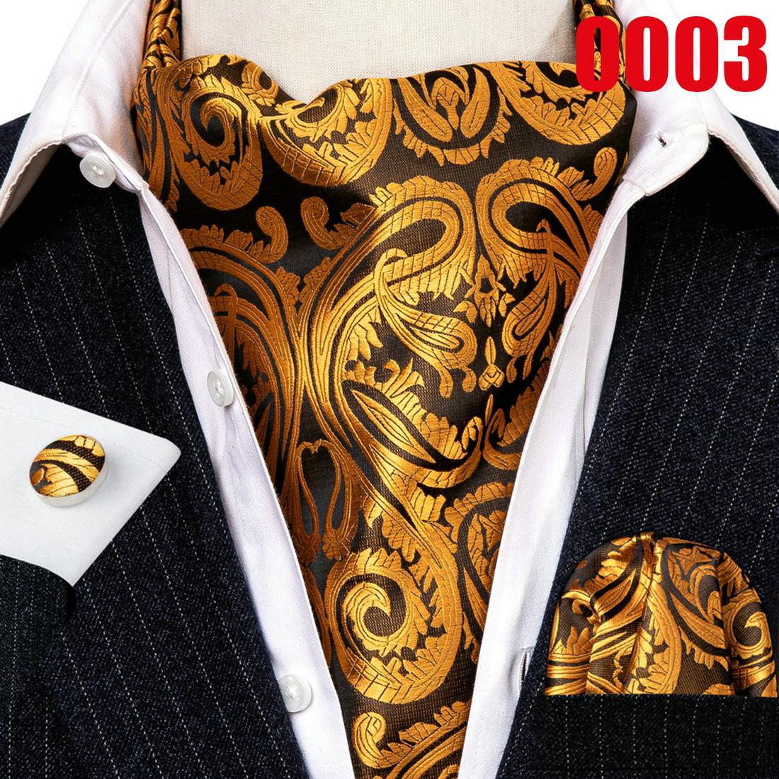 

Barry.Wang Краватка Ascot для чоловіків Чорно-золотий тканий шовковий Paisley Квітковий кишеньковий квадратний набір запонок AS-0003