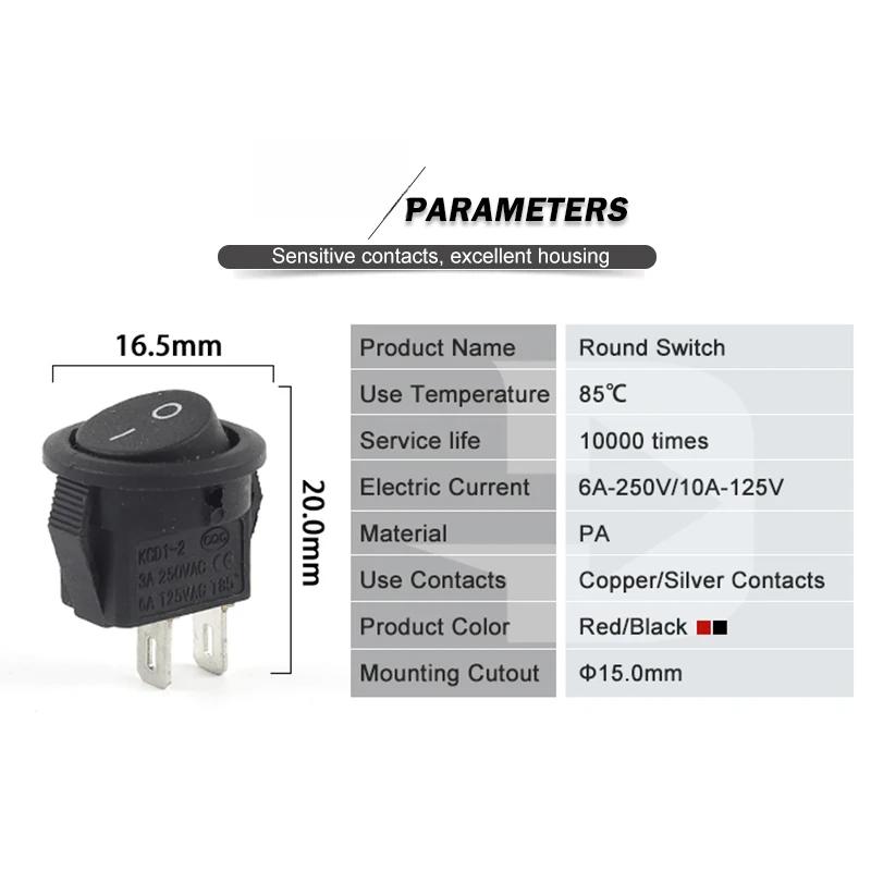 10PCS Mini Round 2 Pin Diameter Small Round Boat Rocker Switches Black Black Red  ON-OFF Rocker Switch KCD1-105