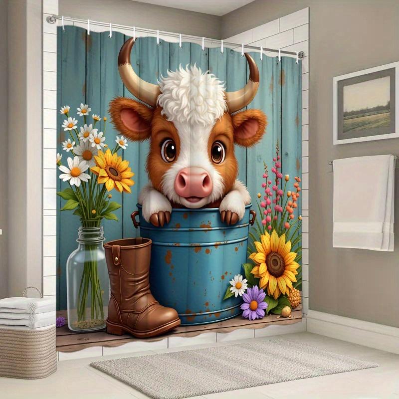 Charming Highland Cow & Sunflower Shower Curtain - Rustic Bathroom Decor, Blue Barrel Design, Polyester, 12 Hooks,Easy-Care