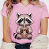 Summer Round Neck 3D Raccoon Pattern Print Top Fashionable Casual Short Sleeved Women's T-shirts