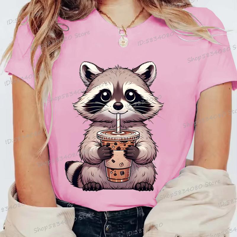 Summer Round Neck 3D Raccoon Pattern Print Top Fashionable Casual Short Sleeved Women's T-shirts