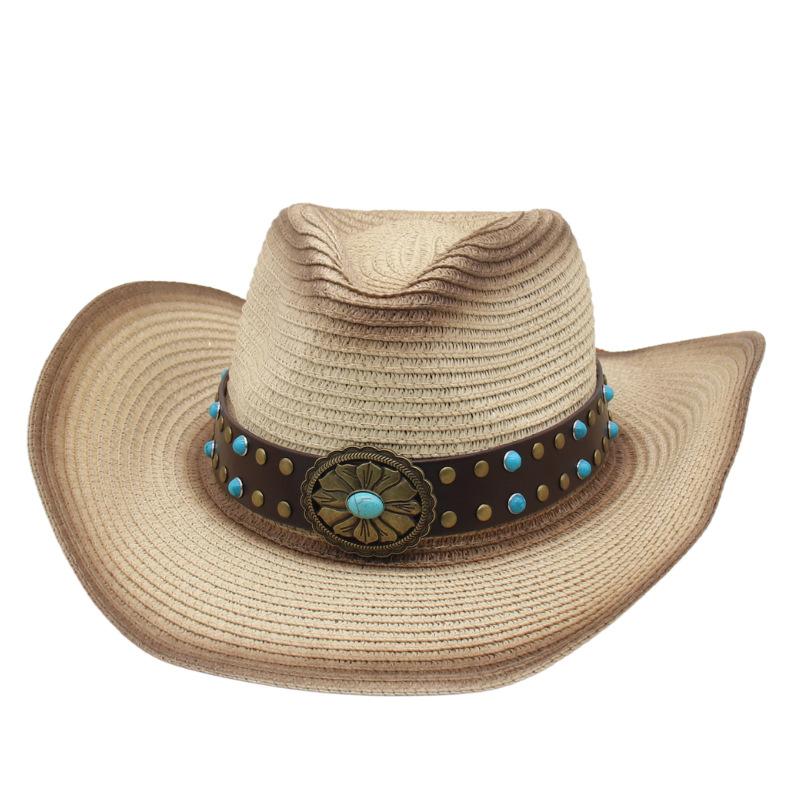 Turquoise Totem Hollow Straw Hat Female Summer Outdoor Travel Shading Mountaineering Western Cowboy Straw Hat Male