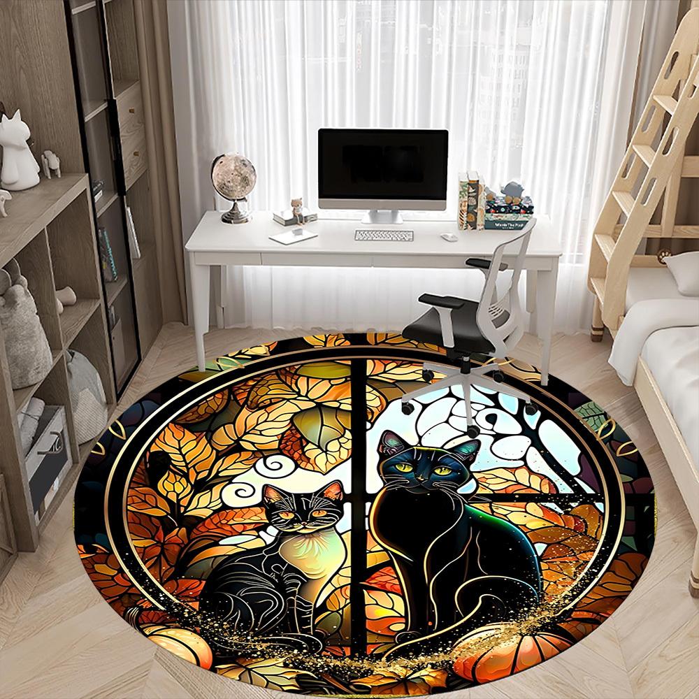 1pc Cat Autumn Office Round Area Rug, Indoor Mat Suitable ForOffice, Under Office Chairs Bedroom Living Room Home Decor, Room Deco D032