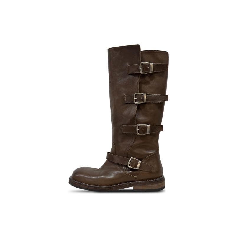 Cowhide version~ Retro long boots women's thick heel belt buckle high black boots versatile leather pleated trouser tube boots