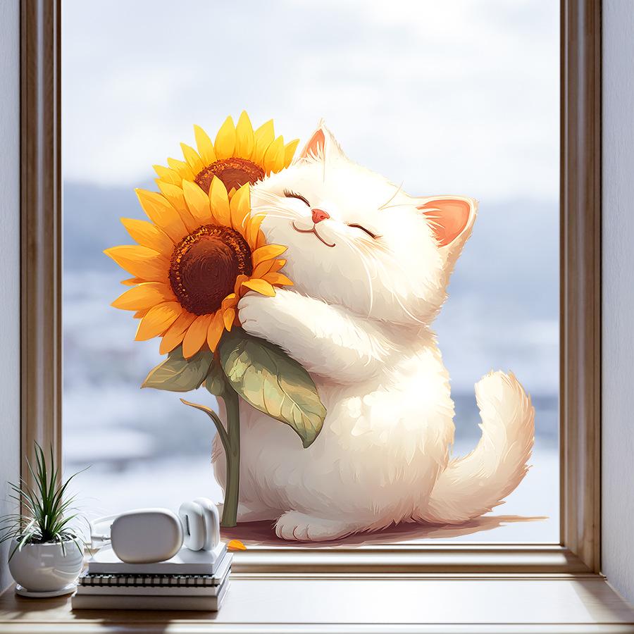 Cute Cartoon Fresh Cat Holding Flowers Window Stickers, Self-Adhesive Double-Sided Visible Decor for Bedroom Dorm Room Study Room Decoration