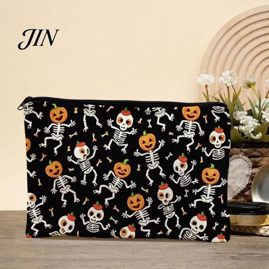Small Toiletries Organizer Halloween Storage Bag, Large Capacity Cosmetic with Pumpkin Travel Pouch Castle Skull Print, Smooth Zipper Thickened Canvas