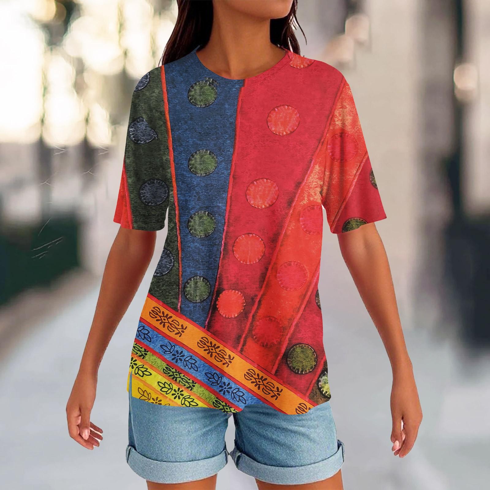 Women s Round Neck Hem Slit Fashion Casual Color Short-sleeved Top L