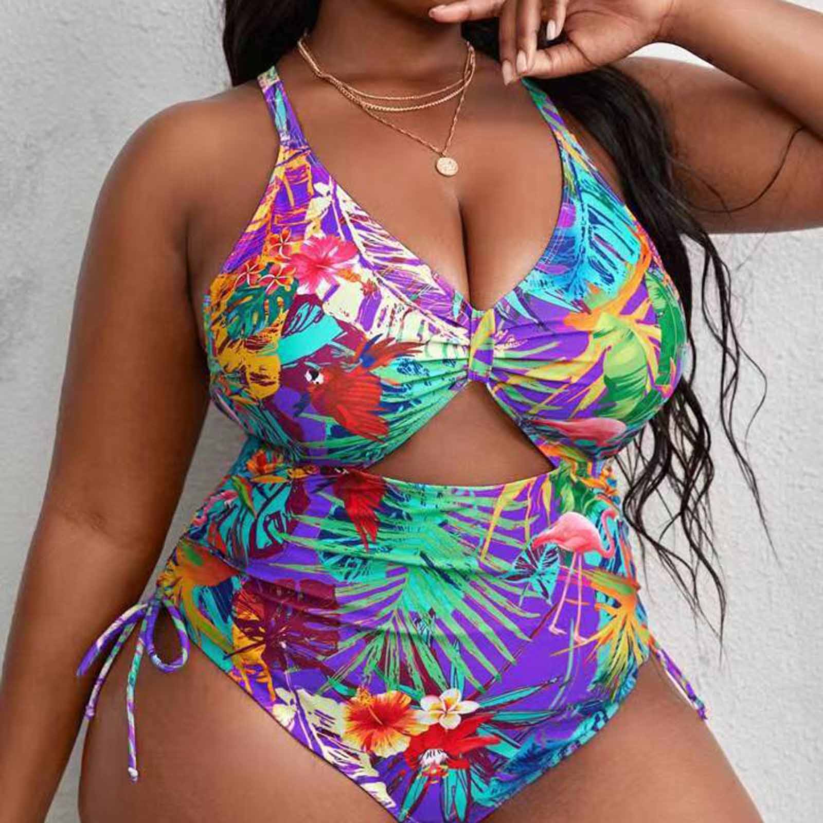 

Women’s Swimsuit Tropical Print Cutout Design Adjustable Side Ties V Neck Bathing Suit Beachwear XXXL