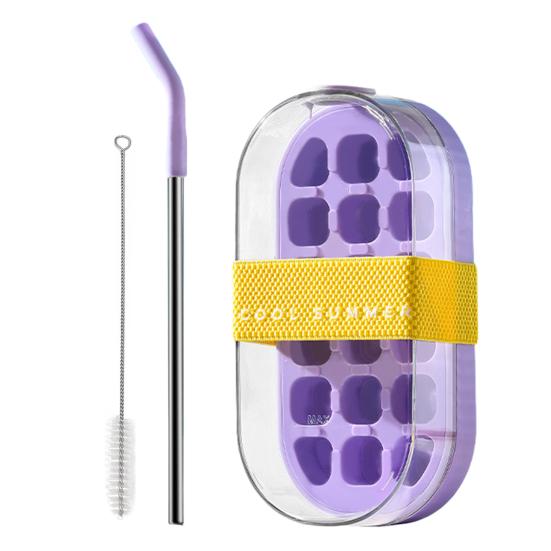 

Yousheng Water Bottle Ice Tray с трубочкой, открывающаяся одним щелчком, 2-в-1 форма для кубиков льда и чайник, портативная бутылка для воды, вертикальный лоток для кубиков льда для морозильника With straw фиолетовый
