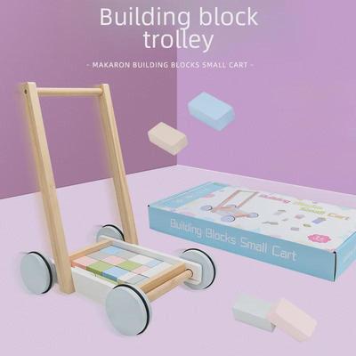 Andador de madera con ruedas y bloques de construcción: juguete de aprendizaje antivuelco para bebés.