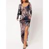Fall New Arrival Cross-Border 2024 European American Fashion Floral Print Low-Cut Slim Fit Sheath Split Long Sleeve Dress Long Dress for Women