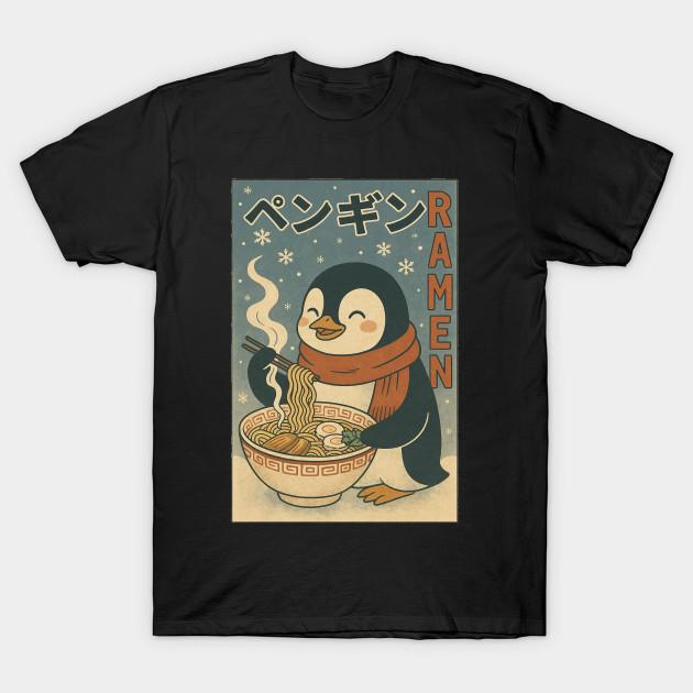 Men Black Print T-shirt Penguin Ramen Japanese Food Retro No-Cut Transfer Paper Print Cotton Tshirt 2XL чёрный
