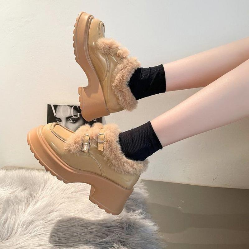 Women's Furry Thick Sole Loafers 2025 Winter Chunky Sole Cotton Lined Warm Shoes Height Increase Fashion Footwear