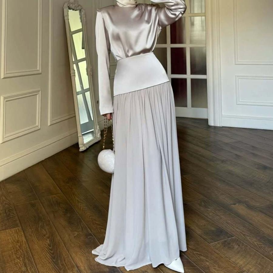 Cross-border European and American Women's Clothing Light Blue Solid Color Boat Collar Long-sleeved Waist Top Casual Pleated Skirt Set