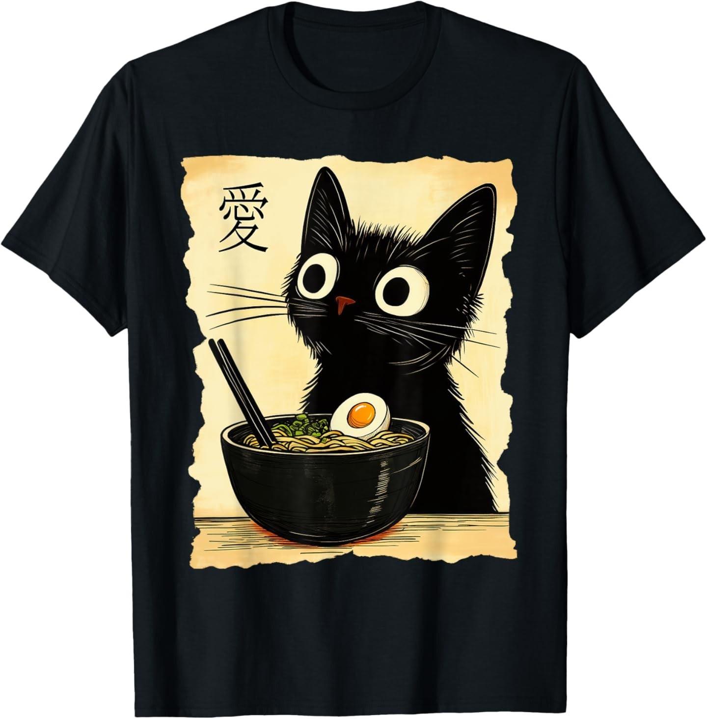 Funny Cat Ramen Graphic Tee Japanese Kawaii Anime Cat T-Shirt Mens Womens Tees Top S