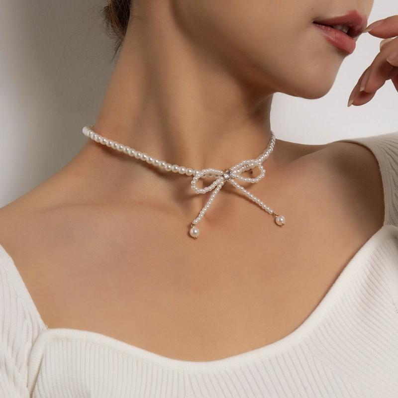 Bowknot Neckchain Girl Simple Imitation Pearls Choker Chain Aesthetic Jewellery