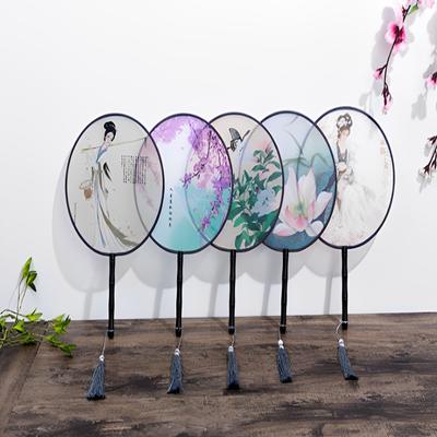 Round Hand Fan With Wooden Handle Portable Printed Vintage Silk Fan Ancient Tassel Dance Hand Fan Wedding Party Accessories