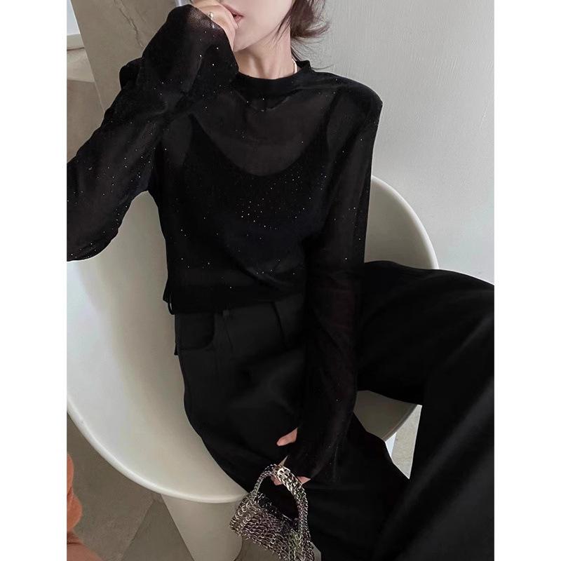 

2025 Spring Lightly Mature Style Round Neck T-shirt with Shoulder Pads and Slit Cuffs XL [55-62.5 kg] чорний