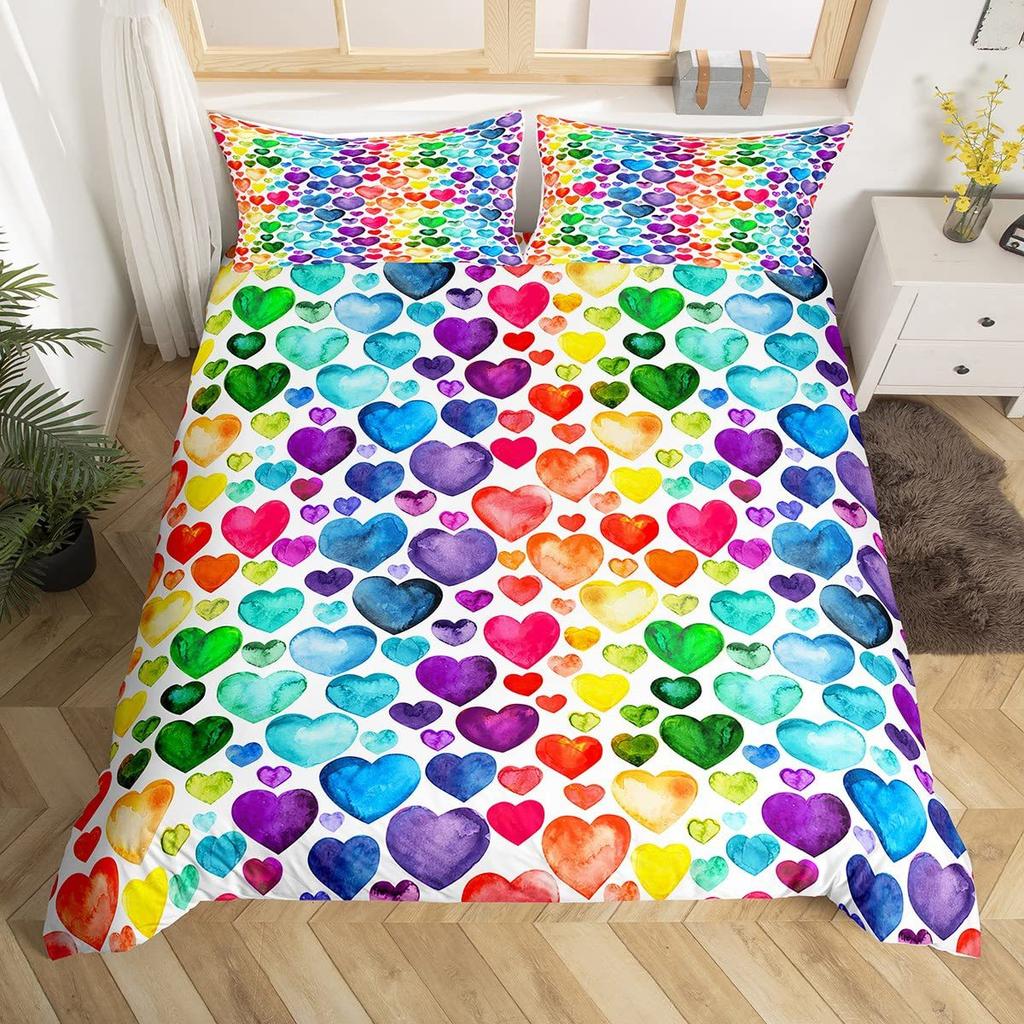 3 Pieces Bedding Set With Zipper Closure Red Heart Duvet Cover Queen Love Heart Pattern White Comforter Covers Set Cute Print