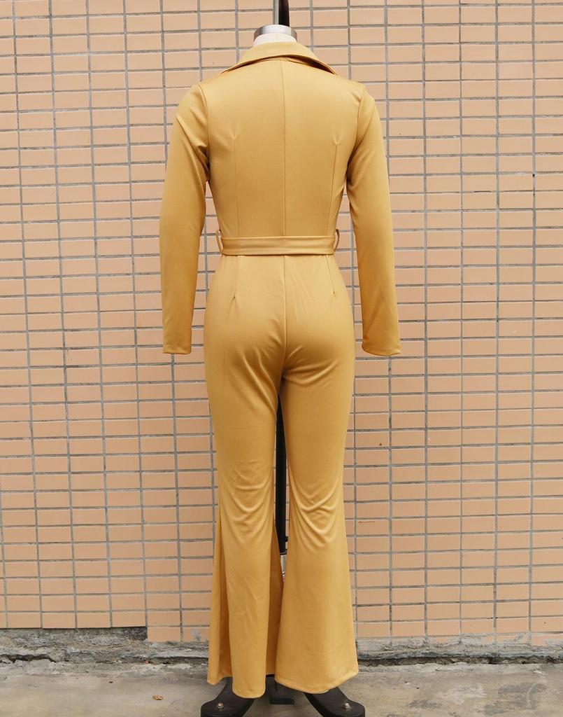 2025 Autumn/Winter Long-Sleeve Shirt Collar Jumpsuit with Mid-Waist Long Pants