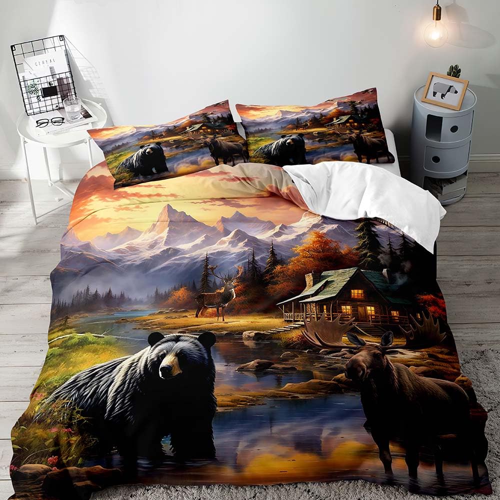Schwarzbär Hirsch Bettbezug 3-teiliges Set Waldtiere Elch Elch Bettwäscheset Weiche Mikrofaser Bettdeckenbezug mit 2 Kissenbezügen