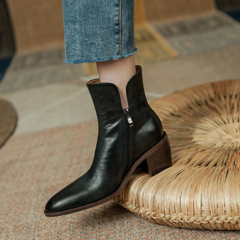 2024 Autumn Women Ankle Boots Round Toe Women Boots Winter Western Boots Genuine Leather Leather Shoes Office Lady Shoes Retro