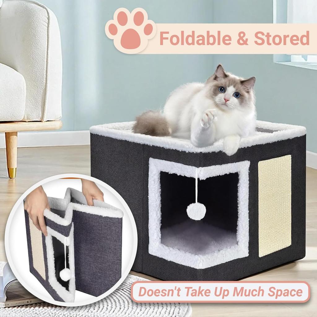 Foldable Cat Bed with Sisal Scratching Board & Tunnel, Indoor Outdoor Pet House with Removable Cushion