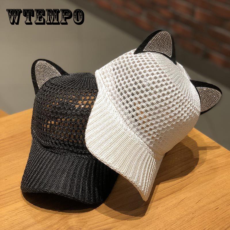 Niedliche Baseballkappe mit Katzenohren für Damen - Verstellbarer Schnappverschluss, atmungsaktive Mesh-Truckerkappe, leichter Sommer-Sonnenhut mit entzückenden Katzenohren