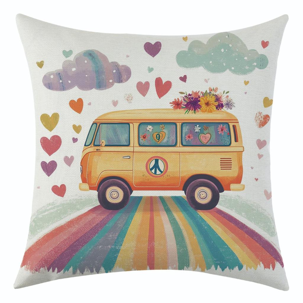 New Rainbow Flower School Bus Linen Pillowcase for Festival Decoration Car Cushion Cover