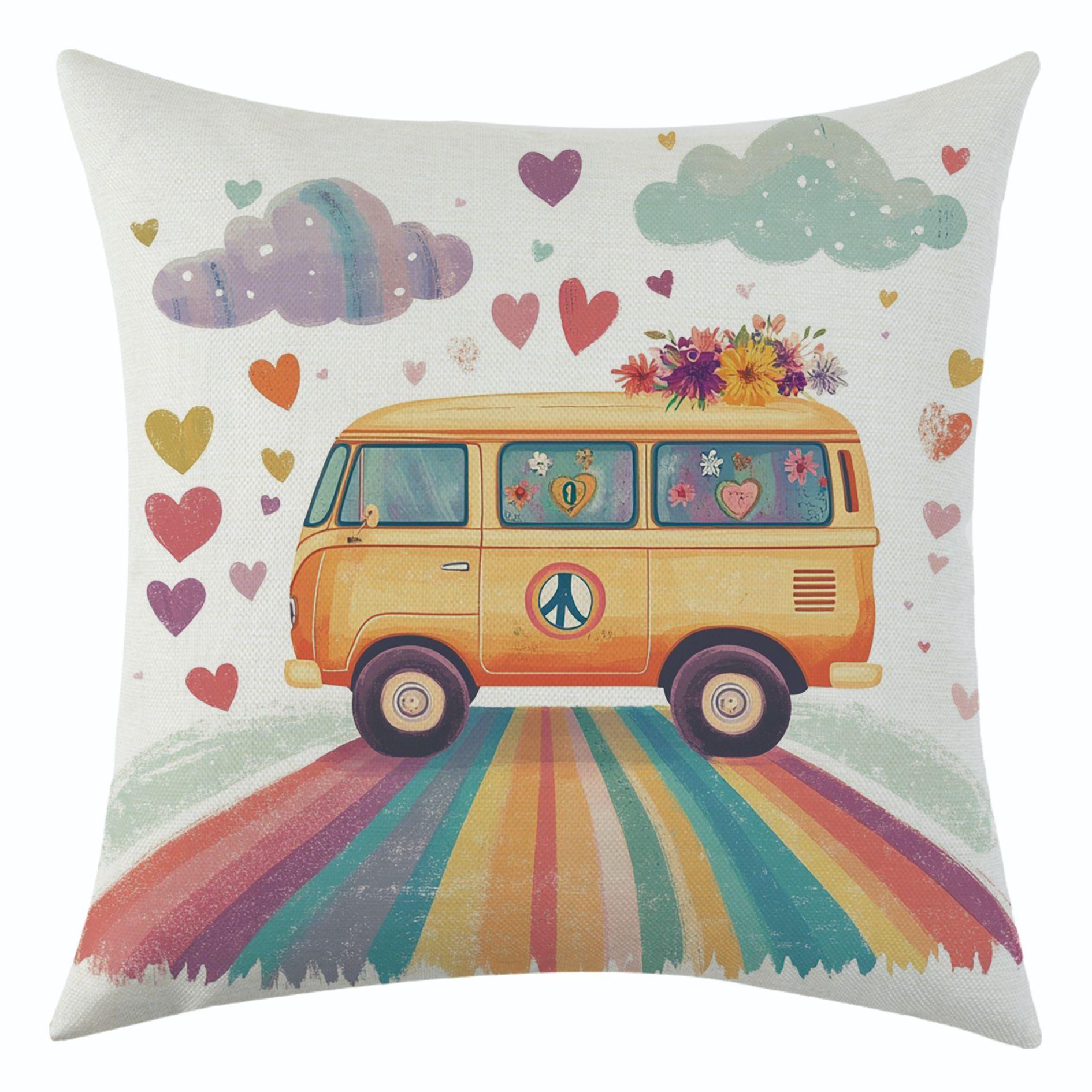 

New Rainbow Flower School Bus Linen Pillowcase for Festival Decoration Car Cushion Cover 45 * 45 separate pillow cover