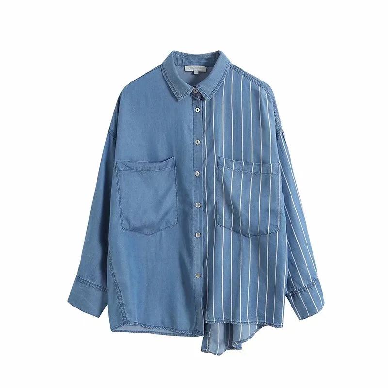 Summer Striped Patchwork Women Long Sleeve Shirt Work Casual Loose Pullovers Oversized