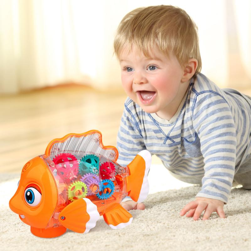 Bai Fen Bai Dolls And Toys Light Universal Walking Swing Toy Electric Transparent Music Flashing Kids Toy Electric Transparent Gear Fish Glowing Music Toys