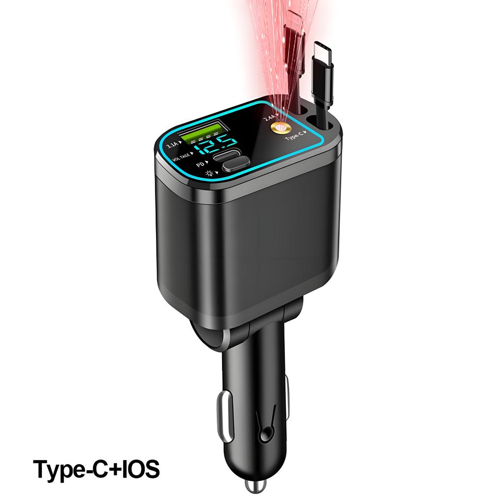 4 In 1 120W Retractable Car Charger Starlight In Car Roof,with ambient light and Star Night Light Type C Fast Charging Adapter,Dual Cable Car Charger