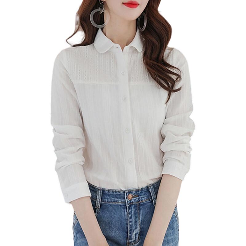Hengyuanxiang Women's Slim Fit Pure Cotton Solid Long Sleeve Lapel Shirt
