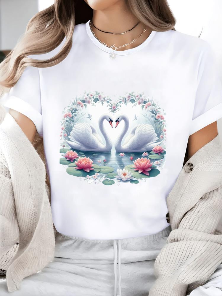 

(Азиатский размер) Повседневный женский топ Футболки цветок любовь тренд милый Мода О-образный вырез Женская одежда Принт Короткий рукав Графическая футболка S