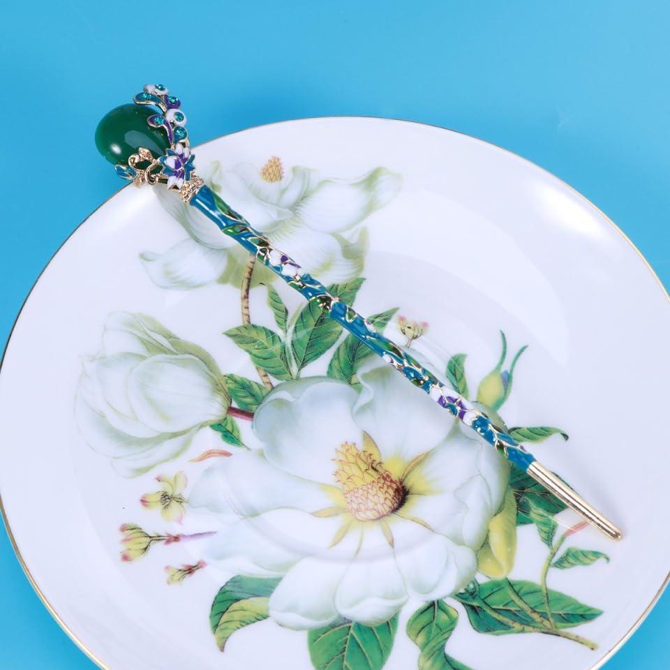 Minkissy Chinese Style Ancient Design Vintage Hairpin for Women, 6-inch Durable Alloy Jade Hair Stick, Green, Perfect for Parties and Celebrations,