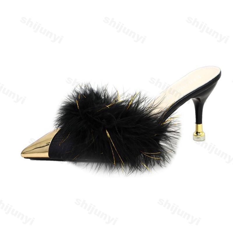Fashion Fashion Pointed Head Hairy Thin Heel Half Slippers for Women 2025 Autumn Comfortable Versatile Elegant Casual High Heel Draggers