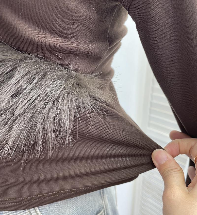 Millennial Hot Girl Fur Patchwork V-Neck Long Sleeve Slimming Top 23326