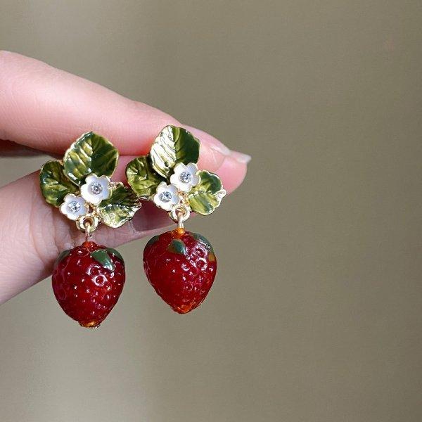 Sweet Cute Red Apple Shaped Earrings For Women Full Rhinestone Strawberry Rose Flower Green Leaf Earring Wedding Party Jewelry