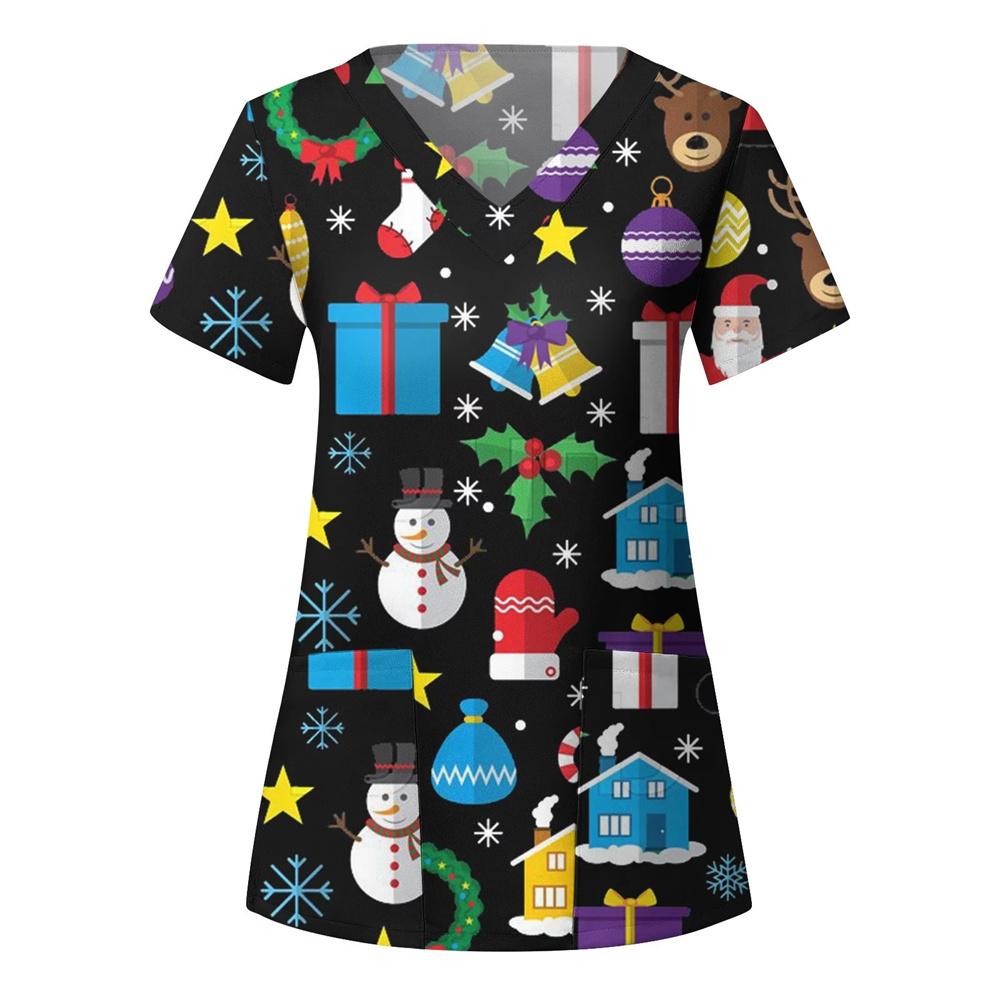 Chirurgische Uniformen Feiertage Weihnachten Drucke Stil Taschendesign Chirurgisches Kostüm Frau V-Ausschnitt Kurzarm Krankenschwester Medizinische Uniform