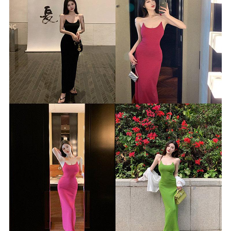 Black Spice Girl Sexy Hip Wrap Suspender Dress Rose Red French Temperament Slim Tight Skinny Waist Long Dress Female Summer