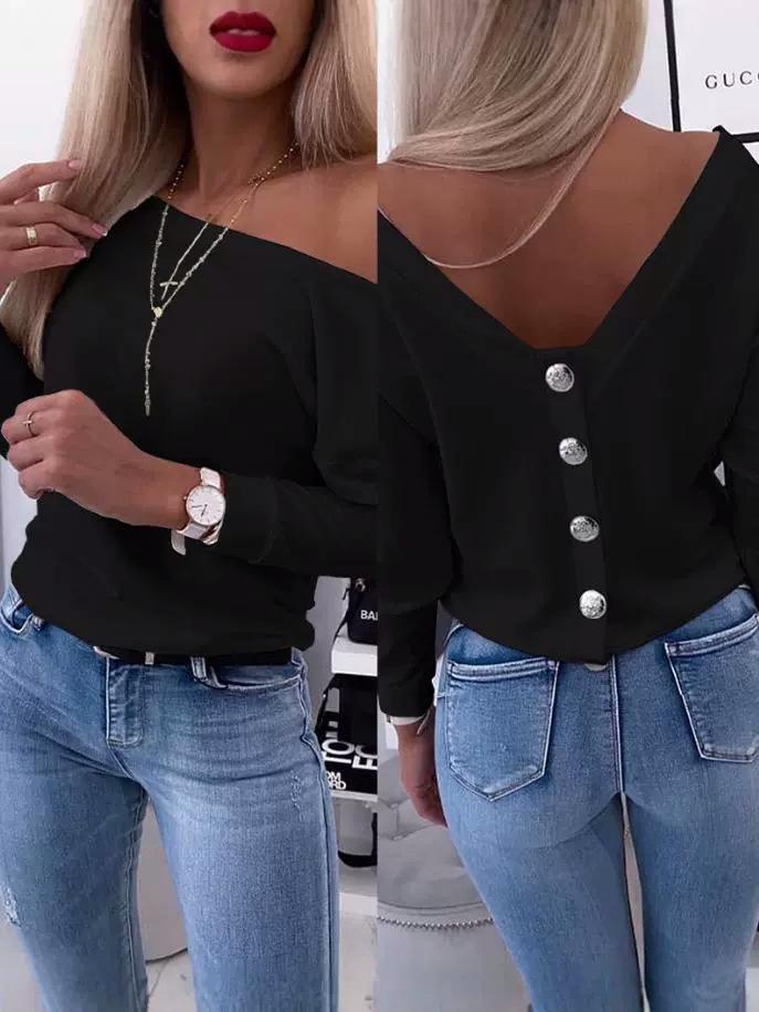 2024 Women's Solid Color One-Shoulder Open Back Long Sleeve Top with Metal Buckle