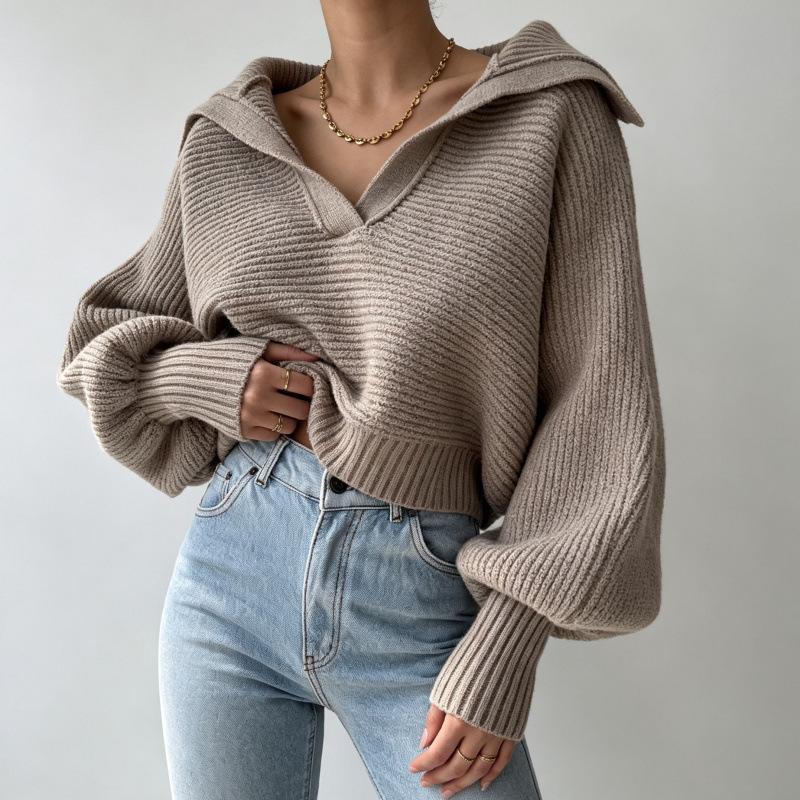 2026 Autumn/Winter Women's Solid Color Knit Lapel Pullover Sweater Loose Outerwear