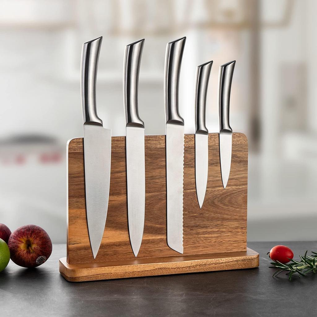 BILL. F Natural Acacia Magnetic Knife Block Kitchen Knife Holder Rack. A Knife Storage Organizer with Strong Magnets, Suitable for Displaying and Stor