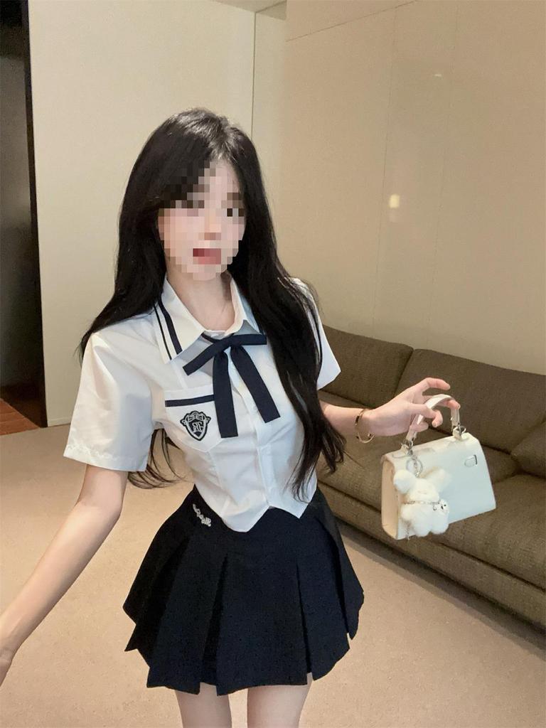 Preppy Autumn JK Set: Long Sleeve Shirt & High Waist Pleated Skirt