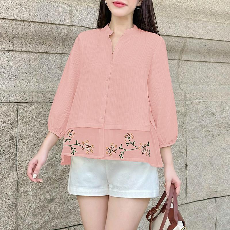 

ZANZEA Жіноча повсякденна блузка вільного крою з коміром-стійкою, рукавом 3/4 та принтом L рожевий